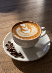 A cup of latte with coffee beans, back light photography