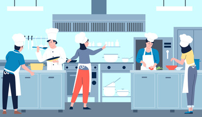 Restaurant professional cooking kitchen, commercial chef and team cook diverse food. Hotel industry, cafe or bar workers in uniform, service recent vector scene