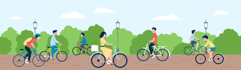 People bicycle riding in city park. Summer outdoor activity, eco transport for man woman and kids. Drive bike, sport and hobby riders recent vector scene