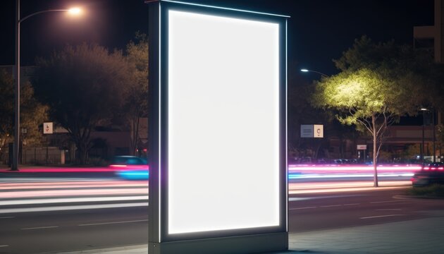 Vertical Neon Glowing LED Billboard In Las Vegas - Blank Mockup With Empty Copy Space Screen For Advertising At Night. Generative Ai Illustration