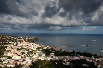 Aerial view of colourful fishermen's houses, on Procida Island, Bay of Naples, Italy.