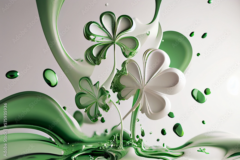 Poster beautiful photo clover shamrocks splashed in bright paint, contemporary background. generative ai te