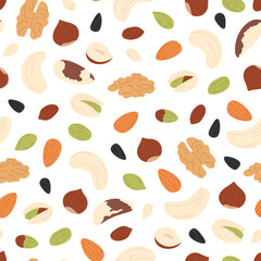 Nuts seamless pattern. Nut and seeds raw ingredients, pistachio and hazelnut mix. Healthy dry snacks print, organic food granola racy vector background