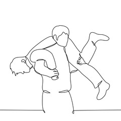 man carrying another man on his back - one line drawing vector. concept protection and help for the weak