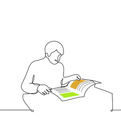 man sits at the table and flips through a magazine with illustrations - one line drawing vector. concept reader