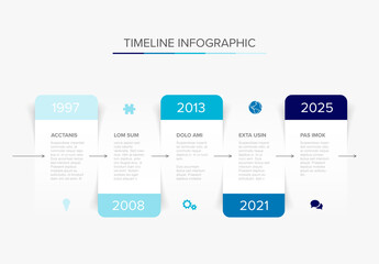 Simple minimalistic horizontal timeline template on white paper blocks with shadows and blue accent
