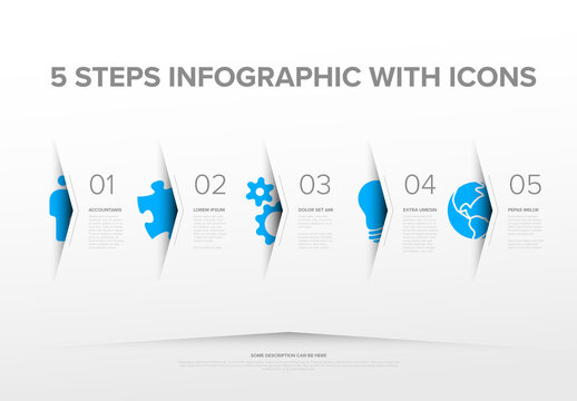 Five light steps progress page template with big blue icons