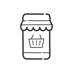 Smartphone with shopping cart on the screen. Hand drawing design style. Vector.
