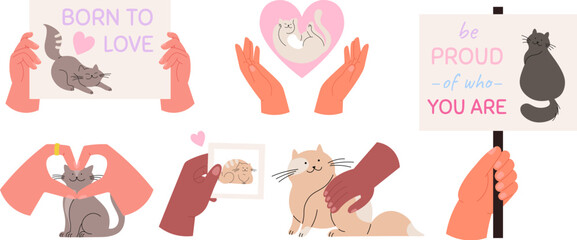 Cats lovers, hands hold banners and card with cat and positive inscriptions. Human hand petting kitten, cartoon pets and owners vector set