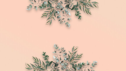 Eucalyptus botanical frame background banner, nude blush pink and sage green, minimalist boho concept top flat view © Carla Tracy