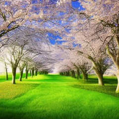 spring landscape with trees, ai generated illustration