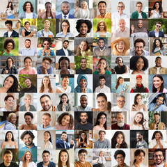Set of closeup portraits of happy multiethnic people