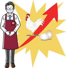 卵の値上がりを説明する店員さん