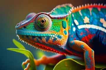 Fotobehang closeup of a colorful chameleon lizard. generative AI © ronstik