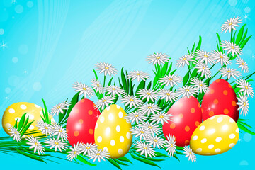 Easter card with eggs and daisies on a blue background.