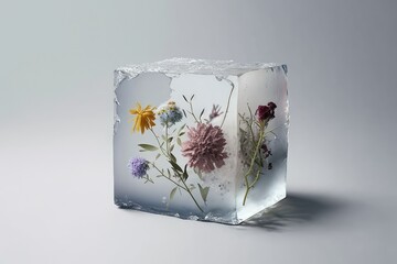 a block of ice with flowers and plants inside