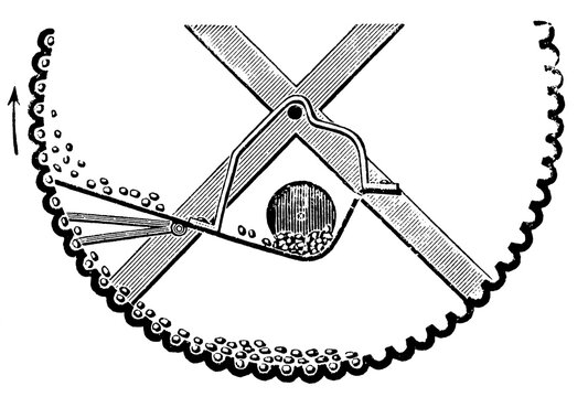 Trieur cylinder drum (in cross section). Publication of the book "Meyers Konversations-Lexikon", Volume 2, Leipzig, Germany, 1910