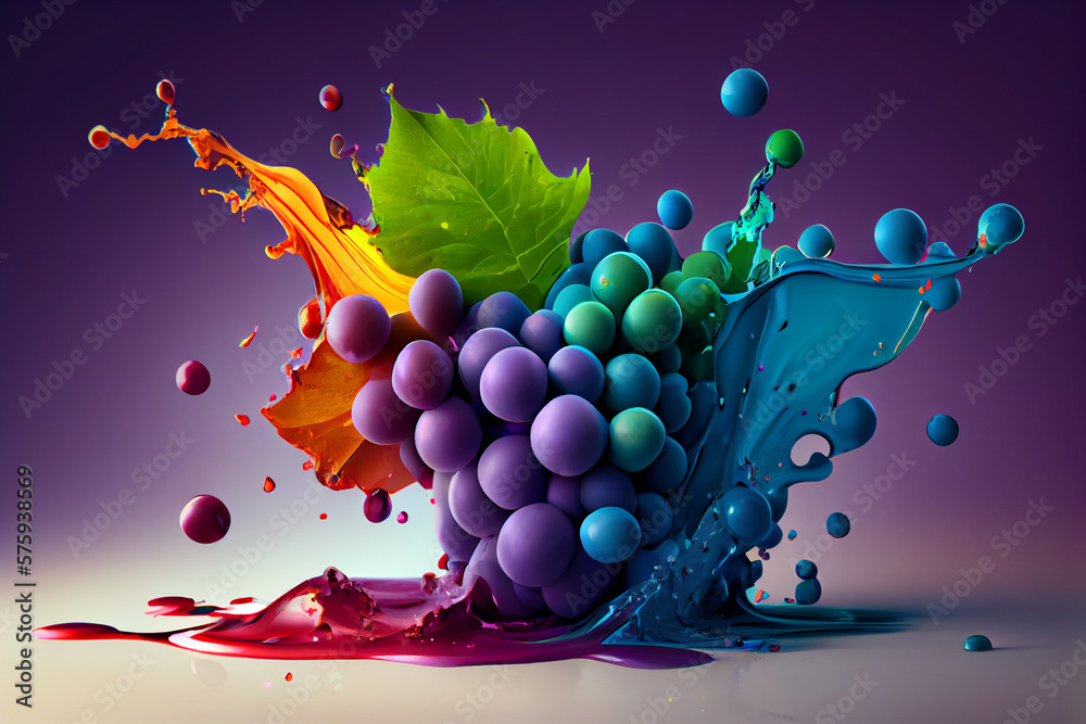 Poster beautiful photo grape splashed in bright paint, contemporary background. generative ai technology.