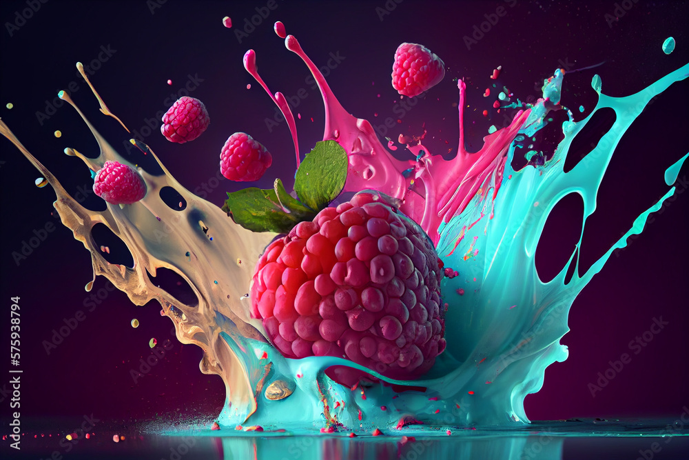 Poster beautiful photo raspberry splashed in bright paint, contemporary background. generative ai technolog