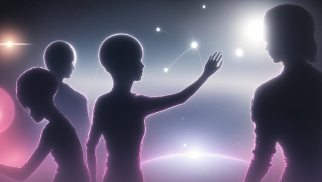 aliens showing woman a holographic star map of zeta reticuli with travel routes, illustration based on story from Betty and Barney Hill abduction In 1961, generative AI