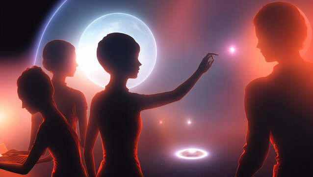 aliens showing woman a holographic star map of zeta reticuli with travel routes, illustration based on story from Betty and Barney Hill abduction In 1961, generative AI