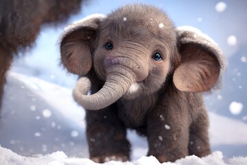 A little baby mammoth walks in the snow. Generative AI - obrazy, fototapety, plakaty