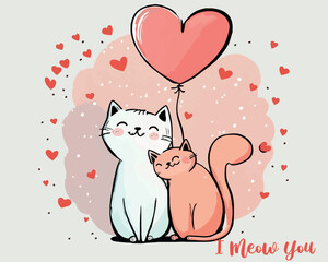 Couple of cute cats in love. with heart shape lettering I love you. Vector hand drawn illustration for romantic prints,