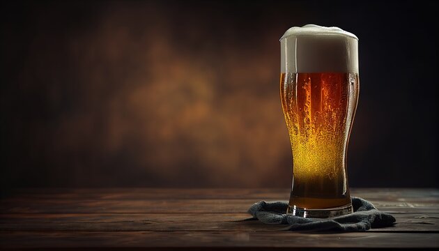 A glass of fresh and cold beer, foam at the top, Wood table, on a dark background, empty space. Generative AI.