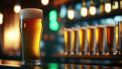 A glass of light beer on the bar stands in a row, the background of the blur bar. Generative AI.