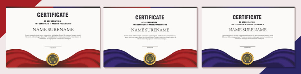 Certificate of appreciation template set. with modern blue and red colors. Diploma vector template