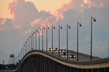 Barron Collier Bridge and Gilchrist Bridge in Florida with moving traffic. Transportation...
