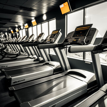 Many treadmills in a modern gym. Generative AI.	
