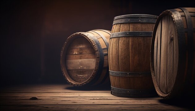 Oak barrels for whiskey, wine, or cognac stand on a wooden pallet in a cellar with empty space. Generative AI.