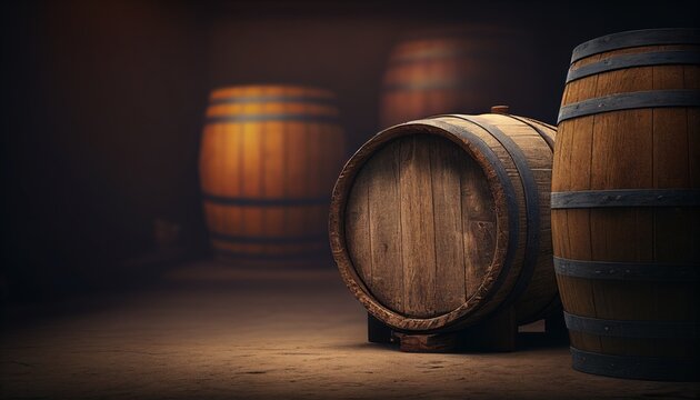 Wooden barrels for whiskey, wine, or cognac stand on a wooden pallet in the basement. Generative AI.