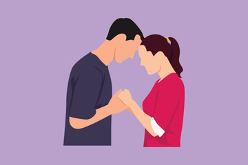 Character flat drawing happy loving man and woman holding hands each other with love. Young couple standing while holding hands, looking at each other and smiling. Cartoon design vector illustration