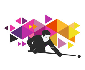 Billiard design graphic with player in action in vector quality. For use as a sports and hobby logo. 
