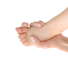 A baby's leg in a woman's hand. Isolated on a white background. Copy space