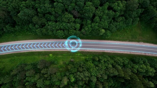 Concept of smart transportation. Driverless cars scan surroundings, drive driverless on a country forest road. Sensor scans the road for vehicles, dangers. Autopilot. Artificial intelligence. 4k 
