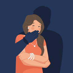 Silenced woman. Women violence gender abusing concept, censored girl or criminal kidnapping victim, female against silence and domestic abuse, quiet expressions vector illustration - obrazy, fototapety, plakaty