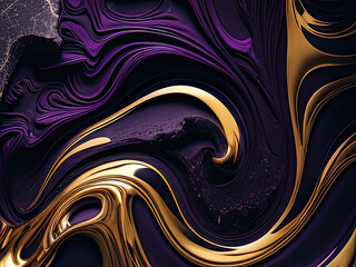 Splendid modern marbling painting abstract design of black and gold wavy veins pattern texture marble in digital art . Dark purple black and gold fluid water melted liquid wallpaper. Generative AI
