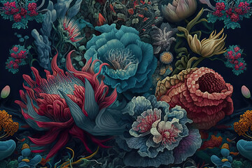 Detailed painting of many different types of decorative flowers pattern. Generative AI illustration.