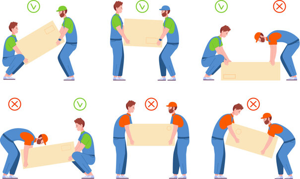 Vecteur Stock Lifting technique. Safe posture lifted-up and squat heavy  cargo, correct techniques work with heaviness, carrying back weight lift or  load large box, splendid vector illustration | Adobe Stock