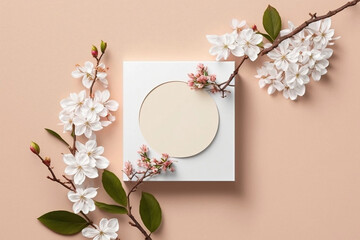 Minimal mockup background for product presentation. Top view with spring cherry blossom and sakura and branch with blank white copy space.