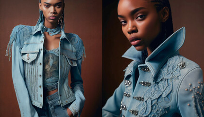 Fictional model wearing a denim outfit that has been reimagined, denim jacket that has been bleached and distressed, Created with generative Ai Technology