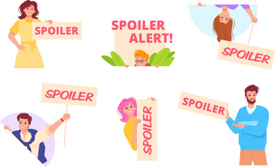 Spoiler. Funny people with signs spoilers alert, caution attention sign movie final details revealed on tv teaser, nerd woman and man beware content banner flat vector illustration