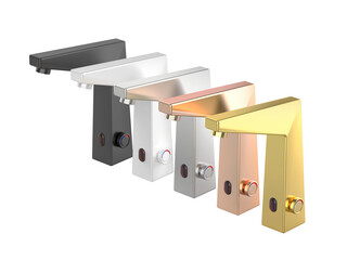 Five bathroom automatic sensor faucets with different colors and materials on transparent background