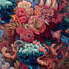 Detailed painting of many different types of decorative flowers pattern. Generative AI illustration.
