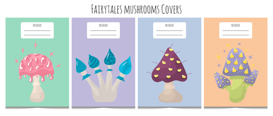 Fototapeta na wymiar Set of 4 notebook cover templates in trendy minimal style. Colorful magic mushroom in flat style. Isolated on white background. 