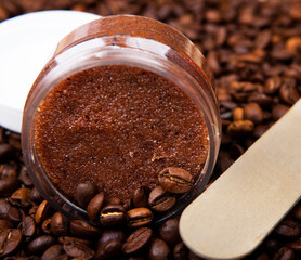 image of sugar scrub wooden stick coffee beans background