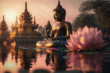 Buddha statue on the water with lotuses, generative AI